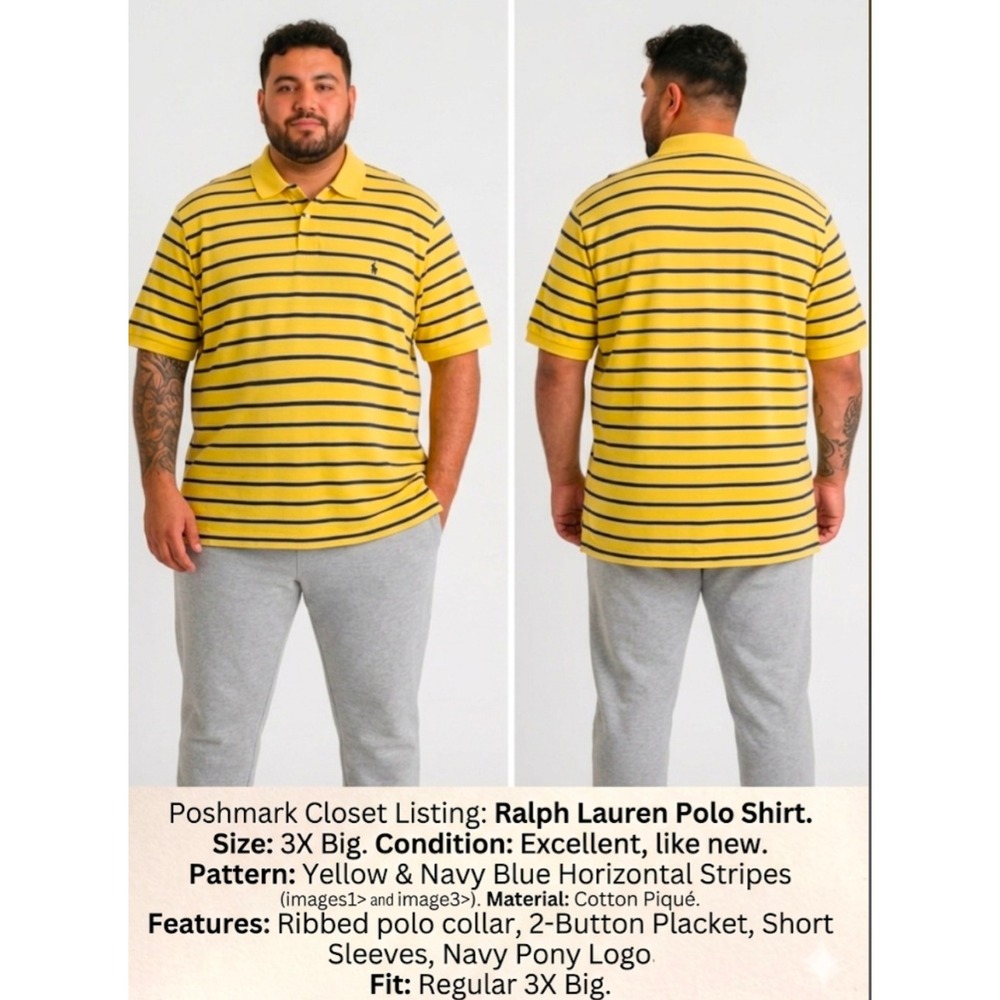 Polo Ralph Lauren Men 3X Big Yellow Navy Blue Striped Pique  Shirt Short Slv